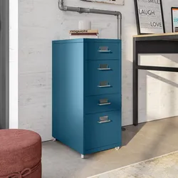 Cassettiera compatta 28x69h cm in acciaio verniciato blu petrolio con 5 cassetti e ruote - Latino