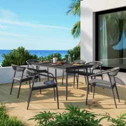 Set pranzo tavolo 150x90 cm con top effetto legno grigio e 6 sedie con braccioli - Reagan