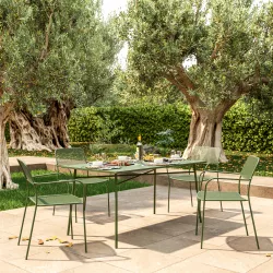 Set pranzo tavolo 150x90 cm e 4 sedie con braccioli in acciaio verde bosco - Faber