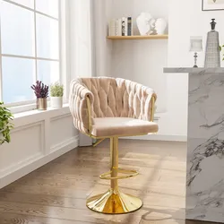 Sgabello in velluto naturale intrecciato e gambe oro - Intrigue