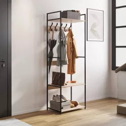 Appendiabiti 60x175h cm con ripiani effetto rovere e struttura in acciaio nero con 6 ganci - Duke