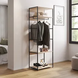 Appendiabiti 60x175h cm con ripiani effetto rovere e struttura in acciaio nero - Duke
