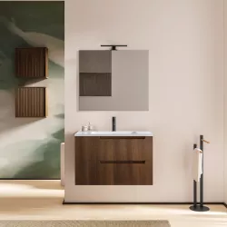 Mobile da bagno 80 cm rovere wenge cannettato con specchio - Konai Plus