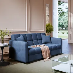 Divano letto 3 posti in tessuto effetto melange blu con contenitore - Joshua
