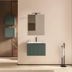 Mobile bagno sospeso 60 cm verde montagna opaco cannettato e specchio - Konai