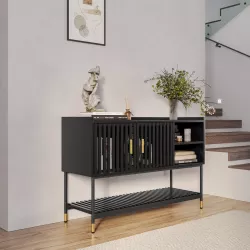 Credenza 120x80h cm con 2 ante nero opaco cannettato e gambe in acciaio con dettagli oro - Mirabel