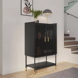 Credenza 75x120h cm con 2 ante nero opaco cannettato e gambe in acciaio con dettagli oro - Mirabel