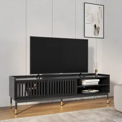 Mobile porta tv 150x47h cm con 2 ante nero opaco cannettato e gambe in acciaio con dettagli oro - Mirabel