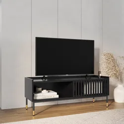 Mobile porta tv 120x47h cm con 1 anta nero opaco cannettato e gambe in acciaio con dettagli oro - Mirabel