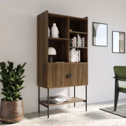 Credenza 79x166h cm con 2 ante soft close noce cannettato e gambe in metallo nero - Ozma