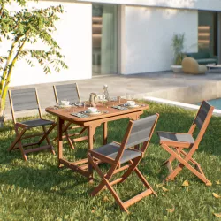 Set pranzo tavolo allungabile 120/160x80 cm e 4 sedie pieghevoli in legno di acacia e corda grigia - Yadira