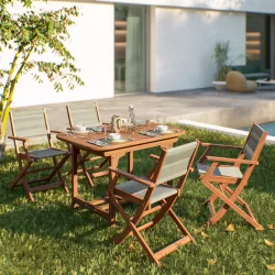 Set pranzo tavolo allungabile 120/160x80 cm e 4 sedie pieghevoli con braccioli in legno di acacia e corda tortora - Yadira