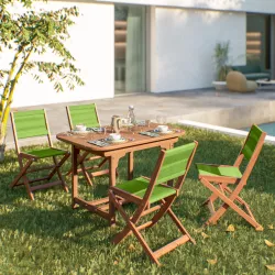 Set pranzo tavolo allungabile 120/160x80 cm e 4 sedie pieghevoli in legno di acacia e corda verde - Yadira