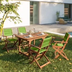 Set pranzo tavolo allungabile 120/160x80 cm e 4 sedie pieghevoli con braccioli in legno di acacia e corda verde - Yadira