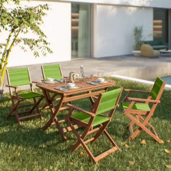 Set pranzo tavolo allungabile pieghevole 120/160x80 cm e 4 sedie pieghevoli con braccioli in legno di acacia e corda verde - Yadira