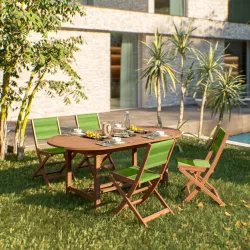 Set pranzo tavolo allungabile 180/240x100 cm e 4 sedie pieghevoli in legno di acacia e corda verde - Yadira