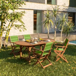 Set pranzo tavolo allungabile 180/240x100 cm e 4 sedie pieghevoli con braccioli in legno di acacia e corda verde - Yadira