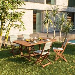 Set pranzo tavolo allungabile 180/260x110 cm e 4 sedie pieghevoli in legno di acacia e corda tortora - Yadira