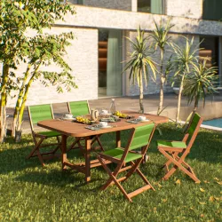 Set pranzo tavolo allungabile 180/260x110 cm e 4 sedie pieghevoli in legno di acacia e corda verde - Yadira