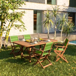 Set pranzo tavolo allungabile 180/260x110 cm e 4 sedie pieghevoli con braccioli in legno di acacia e corda verde - Yadira