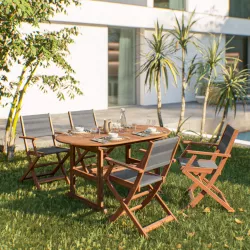 Set pranzo tavolo ovale allungabile 150/200x100 cm e 4 sedie pieghevoli con braccioli  in legno di acacia e corda grigia - Yadira