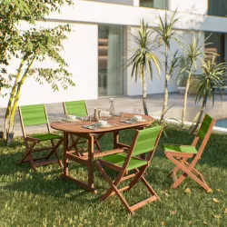 Set pranzo tavolo ovale allungabile 150/200x100 cm e 4 sedie pieghevoli in legno di acacia e corda verde - Yadira