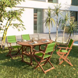 Set pranzo tavolo ovale allungabile 150/200x100 cm e 4 sedie pieghevoli con braccioli in legno di acacia e corda verde - Yadira