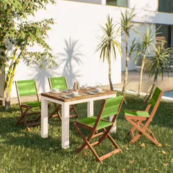 Set pranzo tavolo 110x70 cm e 4 sedie pieghevoli in legno di acacia e corda verde - Yadira