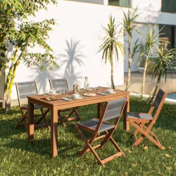 Set pranzo tavolo 160x80 cm e 4 sedie pieghevoli in legno di acacia e corda grigia - Yadira