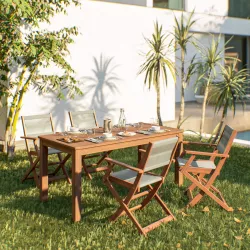 Set pranzo tavolo 160x80 cm e 4 sedie pieghevoli con braccioli in legno di acacia e corda tortora - Yadira