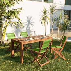 Set pranzo tavolo 160x80 cm e 4 sedie pieghevoli in legno di acacia e corda verde - Yadira