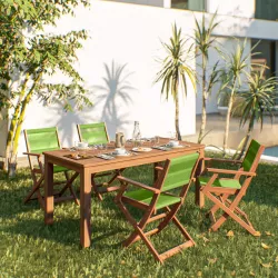 Set pranzo tavolo 160x80 cm e 4 sedie pieghevoli con braccioli in legno di acacia e corda verde - Yadira