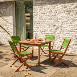 Set pranzo tavolo 90x90 cm e 4 sedie pieghevoli in legno di acacia e corda verde - Yadira