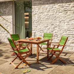 Set pranzo tavolo 90x90 cm e 4 sedie pieghevoli con braccioli in legno di acacia e corda verde - Yadira