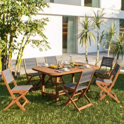 Set pranzo tavolo allungabile 150/200x100 cm e 6 sedie pieghevoli in legno di acacia e corda grigia - Yadira