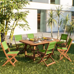 Set pranzo tavolo allungabile 150/200x100 cm e 6 sedie pieghevoli in legno di acacia e corda verde - Yadira