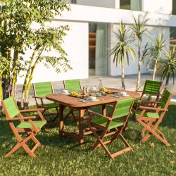 Set pranzo tavolo allungabile 150/200x100 cm e 6 sedie pieghevoli con braccioli in legno di acacia e corda verde - Yadira