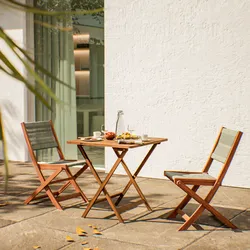 Set bistrot tavolo pieghevole 60x60 cm e 2 sedie pieghevoli in legno di acacia e corda tortora - Yadira
