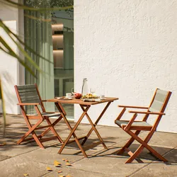 Set bistrot tavolo pieghevole 60x60 cm e 2 sedie pieghevoli con braccioli in legno di acacia e corda tortora - Yadira