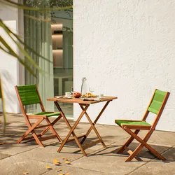 Set bistrot tavolo pieghevole 60x60 cm e 2 sedie pieghevoli in legno di acacia e corda verde - Yadira