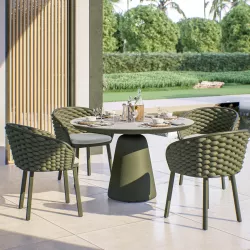 Set pranzo tavolo rotondo 120 cm e 4 poltrone in alluminio con schienale in corda verde felce - Beija