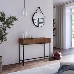 Consolle 100x74h cm noce carter cannettato con 2 cassetti e piedi in metallo nero - Acosta