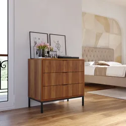 Cassettiera 72x69h cm noce carter cannettato con 3 cassetti e piedi in metallo nero - Acosta