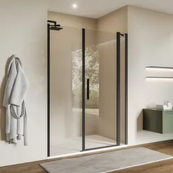 Box doccia nicchia 145 cm 20 giunto+65 battente+60 fisso con vetro temperato trasparente e profilo nero opaco 195h - Nilo