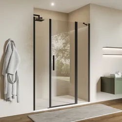 Box doccia nicchia 145 cm 40 giunto + 70 battente + 35 fisso con vetro temperato trasparente e profilo nero opaco 195h - Nilo