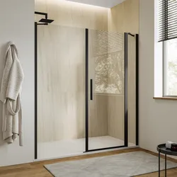 Box doccia nicchia 170 cm 35 giunto+65 battente+70 fisso con vetro temperato trasparente e profilo nero opaco 195h - Nilo
