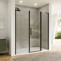 Box doccia nicchia 180 cm 50 giunto+65 battente+65 fisso con vetro temperato trasparente e profilo nero opaco 195h - Nilo