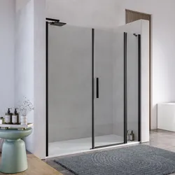 Box doccia nicchia 195 cm 40 giunto + 65 battente + 90 fisso con vetro temperato trasparente e profilo nero opaco 190h - Nilo