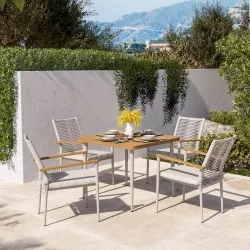 Set pranzo tavolo 90x90 cm con top effetto legno e 4 sedie con braccioli in acciaio e corda ecrù - Rodriguez