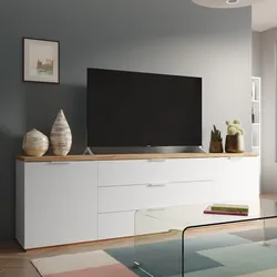 Mobile porta tv 240x74h cm bianco lucido e rovere artisan con 2 ante e 3 cassetti - Boras Living